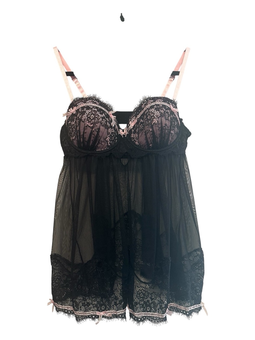 Vintage Y2K Cassandra Black and Pink Lace Sheer Babydoll Chemise Medium